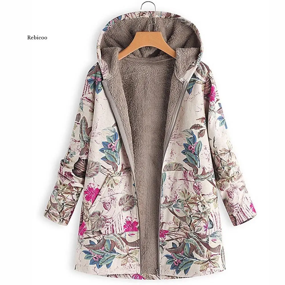 Leaves Floral Print Warm Coat Women Winter Long Sleeve Hooded Jacket Fluffy Fur Fleece Cozy Zipper Outwear S-5XL