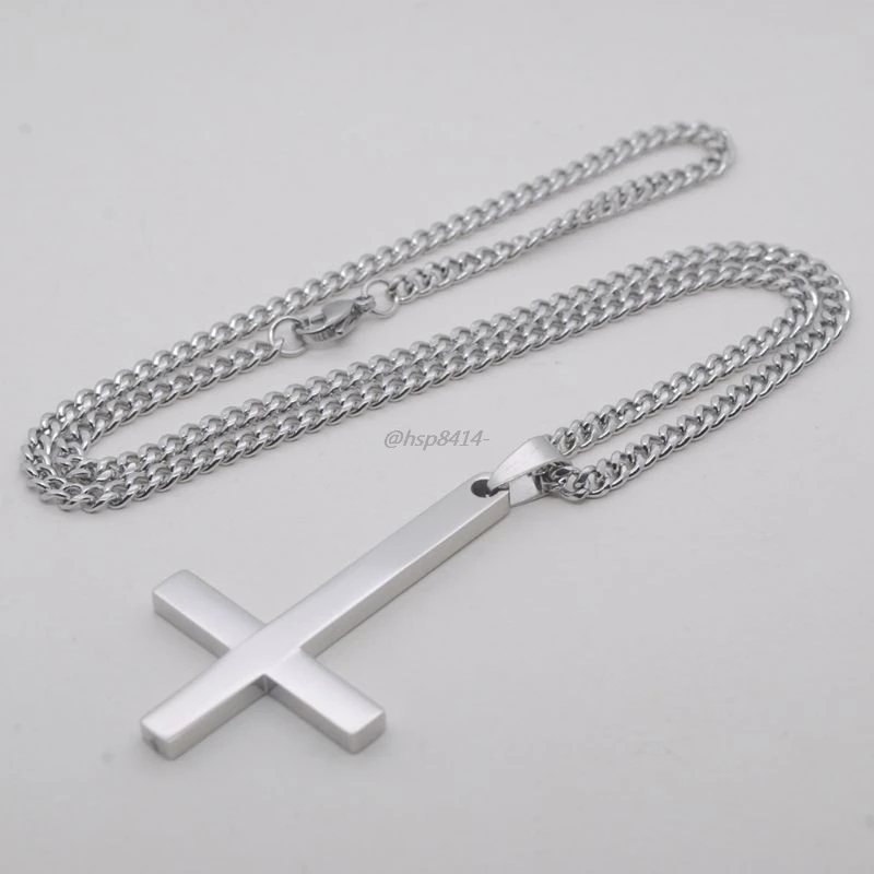 Dainty Stainless Steel Upside Down Cross Necklace Men Holy Inverted Cross Pendant with Chain Fashion Jewelry 3 Colors