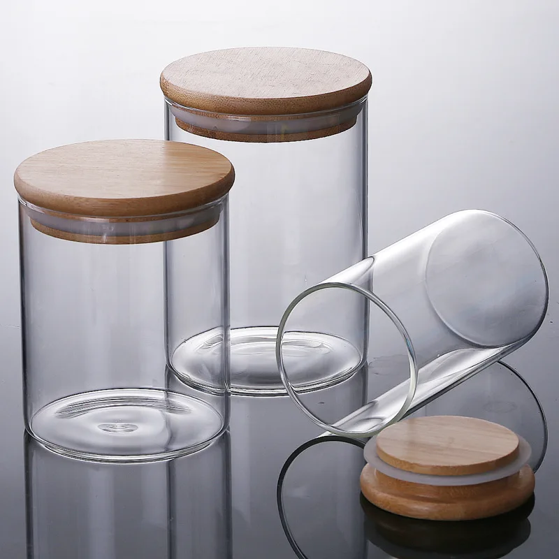 Transparent Glass Jars with Bamboo Lids, Food Storage Containers with Lid, Sealed Small Bottle, Kitchen Items