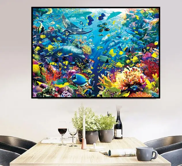 Needlework, cross stitch full embroidery kit,underworld blue sea fish landscape printed pattern cross stitch handwork gift