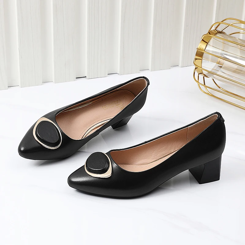 New Women Leather Pointed Toe Pumps Fashion Ladies Thick Heel Pull-On Shoes