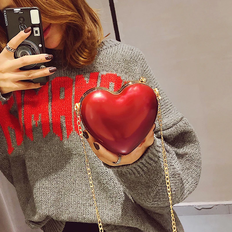 Lady's PU Luxury Designer Handbags Wedding Party Heart Shape Chain Evening Clutch Purse Red Color Shoulder Crossbody Bag
