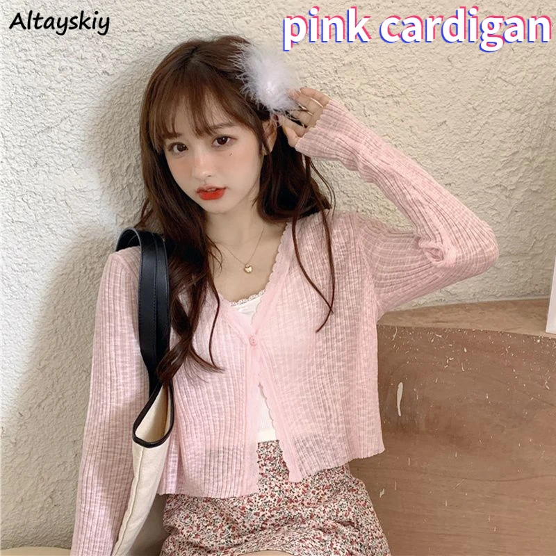 

Cardigan Women Summer Sweet Sunscreen New Korean Fashion Chic Harajuku Cute Tops All-match Streetwear Mujer Vintage Cropped Pink