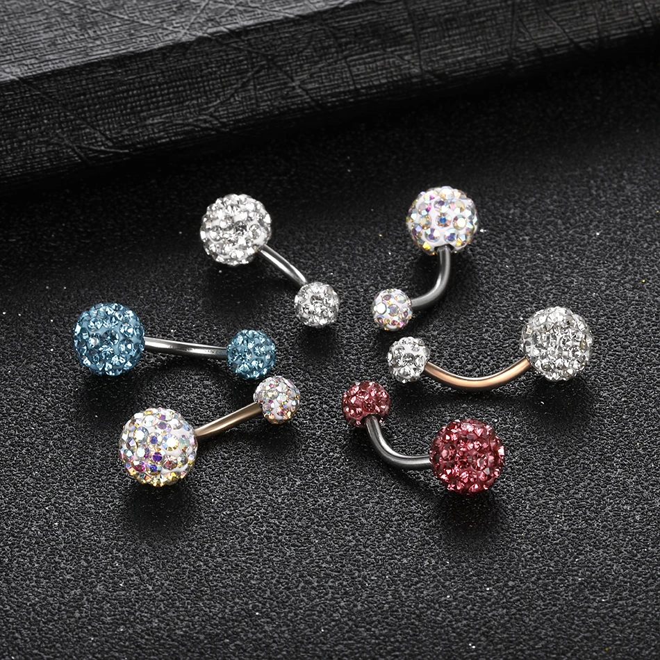 1PC Steel Double Side Belly Piercing Rings Epoxy CZ Crystal Disco Ball Belly Button Rings Navel Piercing Sexy Women Jewelry 14G