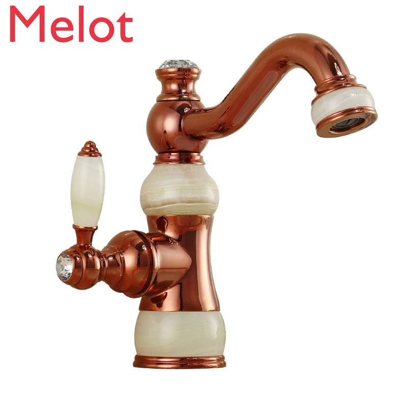 

Rotating Faucet Copper Hot and Cold Golden Faucet European Rose Gold Bathroom Cabinet Undercounter Basin Jade Faucet