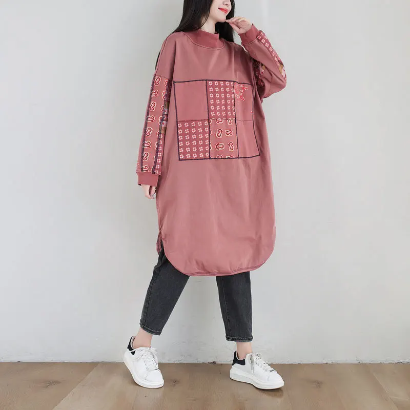 Spring Autumn Women Pink Hoodie Dress Big Size Loose Casual Turtleneck Pullover Tops Plum Blossom Print Arc Hem Plain Hoody