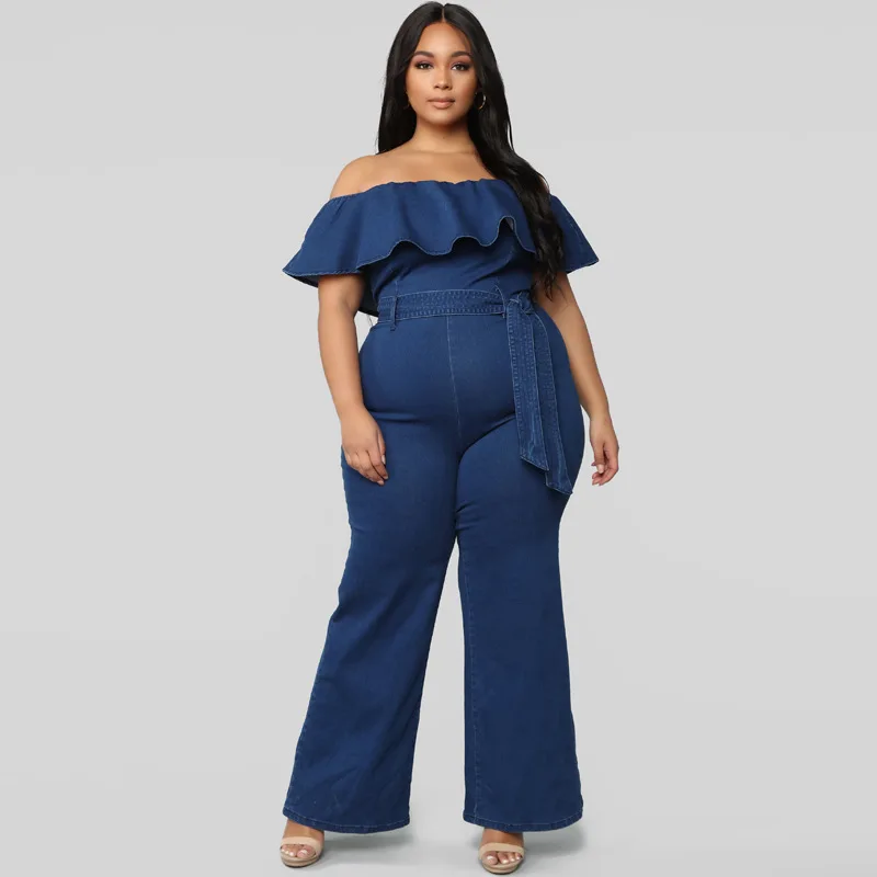 Plus Size 4XL Terug Zip Sexy Slash Hals Jumpsuit Zomer Ruche Spliced Straight Romper Vrouwen Mode Denim Overall Met Sjerpen