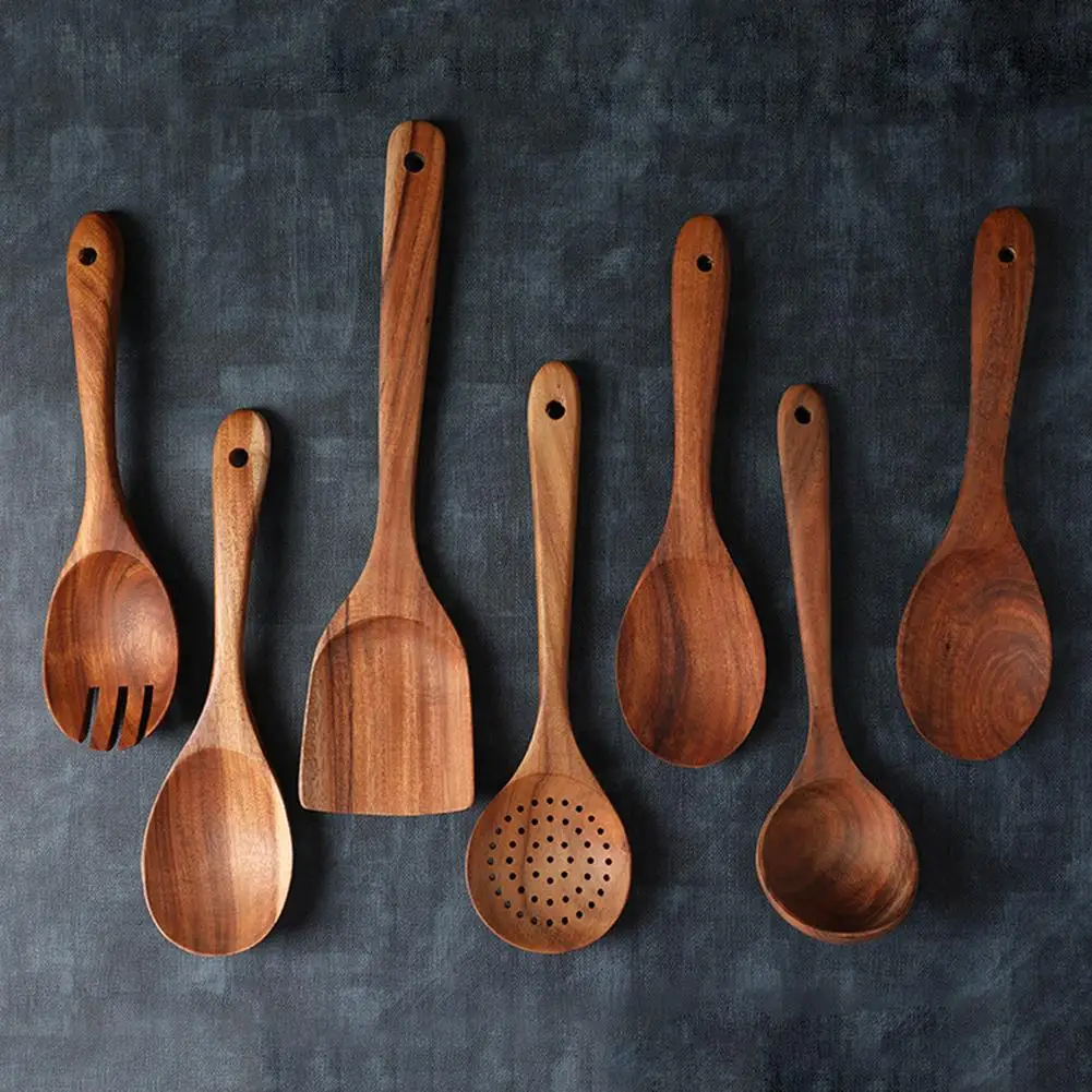 7PC Wooden Kitchen Utensils set Wooden Spoons for cooking Natural Teak Wood Non Stick Pots Kitchen Spatula Set for Cooking Gift