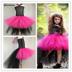 Girls Black Pink Rock Queen Tutu Dress Kids Crochet Tulle Trailing Dress with Strap Children Birthday Party Costume Tutus Dress