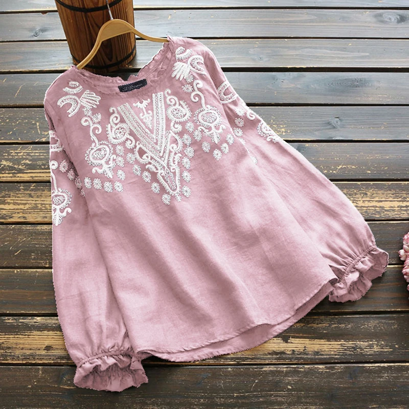 ZANZEA informal-Blusa de manga larga para mujer, camisa bordada con volantes, túnica con cuello redondo, Tops florales de gran tamaño, 2023