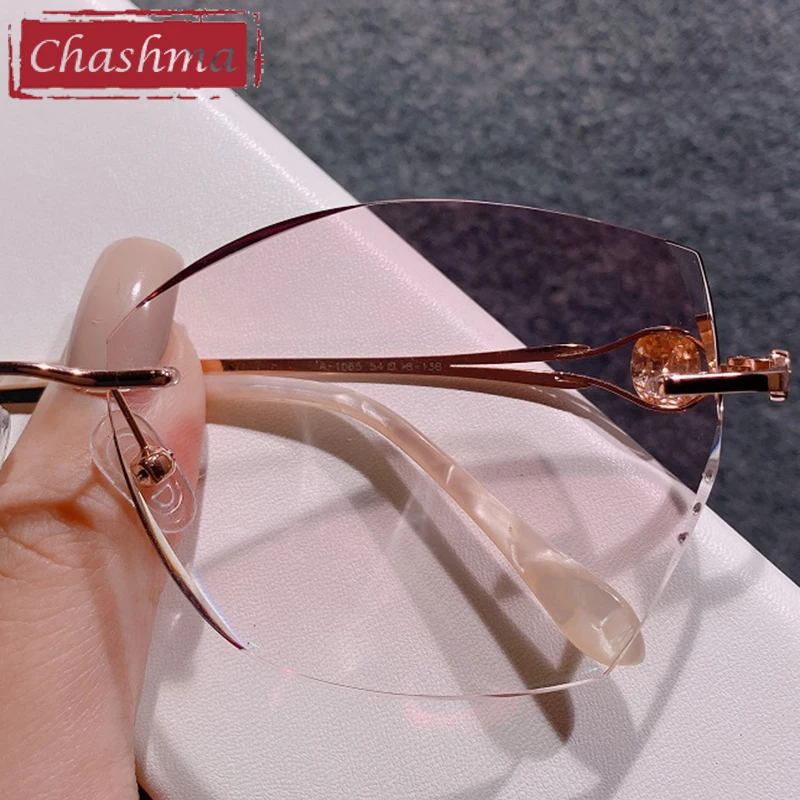 Chashma Rimless Light Frame Diamond Stones Trend Eyeglasses Titanium UV400 Protection Colored Sunglasses Spectacles for Women