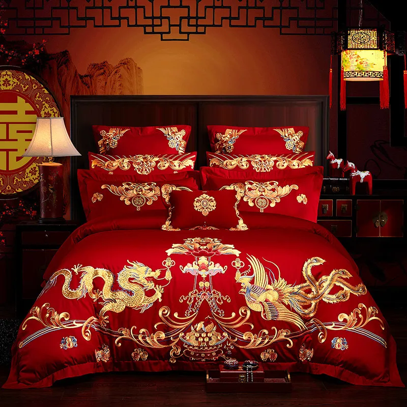 

Chinese Wedding Red Bedding Set, Luxury Gold Loong Phoenix Embroidery, Quilt/Duvet Cover, Bed Sheet, Pillowcases, 100% Cotton