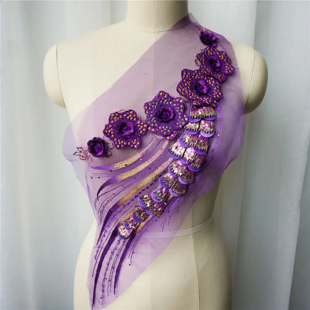 Purple Flower Lace Fabric Sequin Tassel Embroidered Gown Appliques Collar Mesh Sew Patch For Wedding Decoration Dress DIY