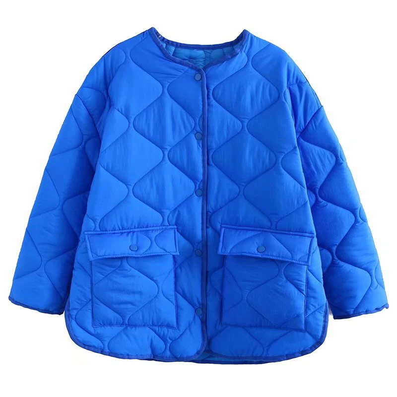 PUWD Fashion Women Blue Quilted Check Cotton Jacket 2021 Autumn Winter Casual Warm Solid Parka Pocket Loose Female Thick Outwear