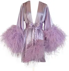 Ladies Dressing Gown Sheer Robe Satin Silk Feather Bridal Robes Dessous Fotografie Bridal Maternity Robes Photo Shoot Bathrobe