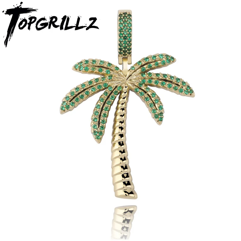 

TOPGRILLZ Coconut Tree Iced Out Cubic Zircon Pendant& Necklace Gold Silver Color Plated Hip Hop Men's Jewelry