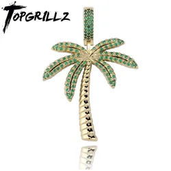 TOPGRILLZ Coconut Tree Iced Out Cubic Zircon Pendant& Necklace Gold Silver Color Plated Hip Hop Men's Jewelry