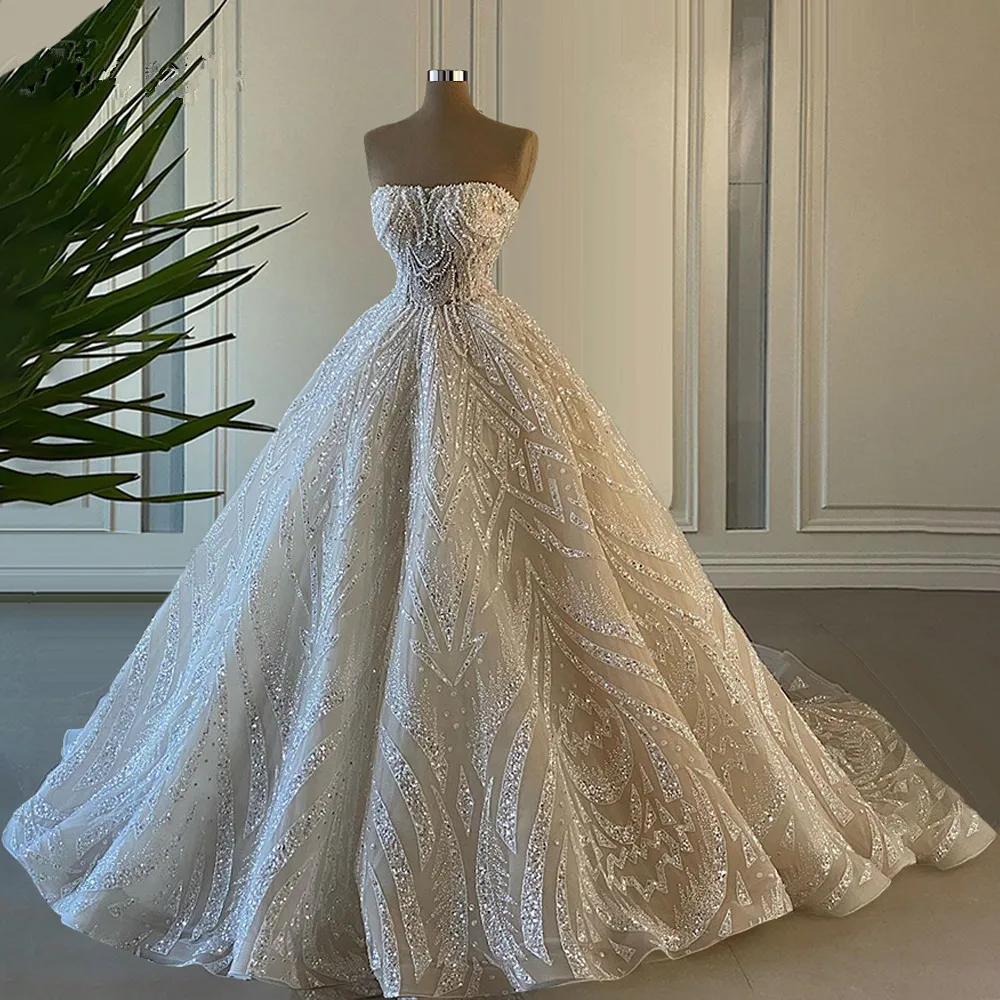 Advanced Pearls Beading Sequins Wedding Dress Floor Length Strapless Princess Custom Made Bridal Ball Gowns Robe De Mariée
