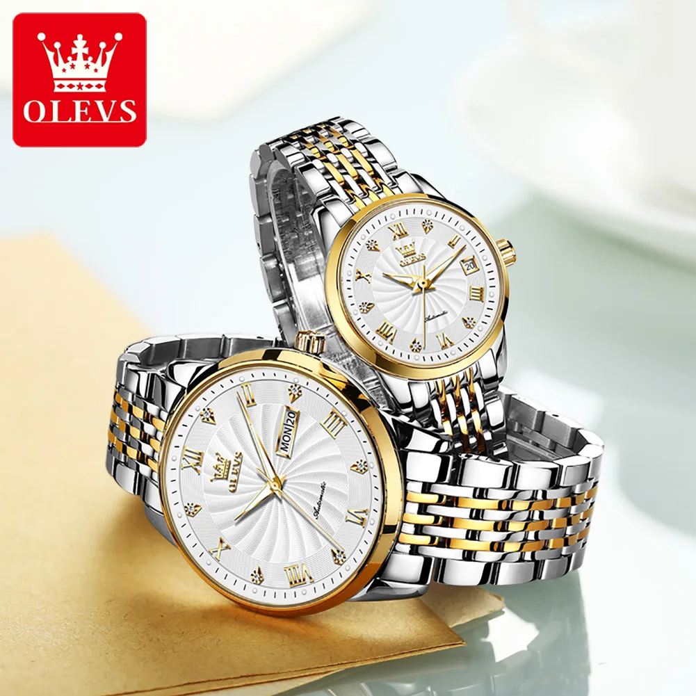 Olevs-reloj mecánico automático para hombre y mujer, pulsera con pantalla de fecha, correa de acero inoxidable, marca de lujo