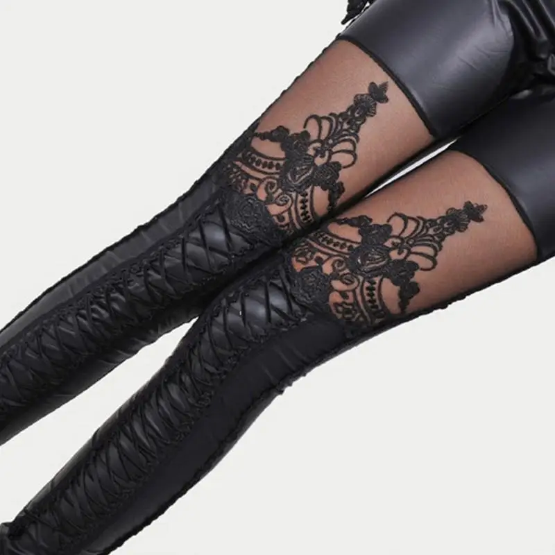 Stylish Sexy Women Faux Leather Gothic Punk Leggings Pants Lace Skinny Nine-point Trousers Leather Pants Belt Imitation A2E9