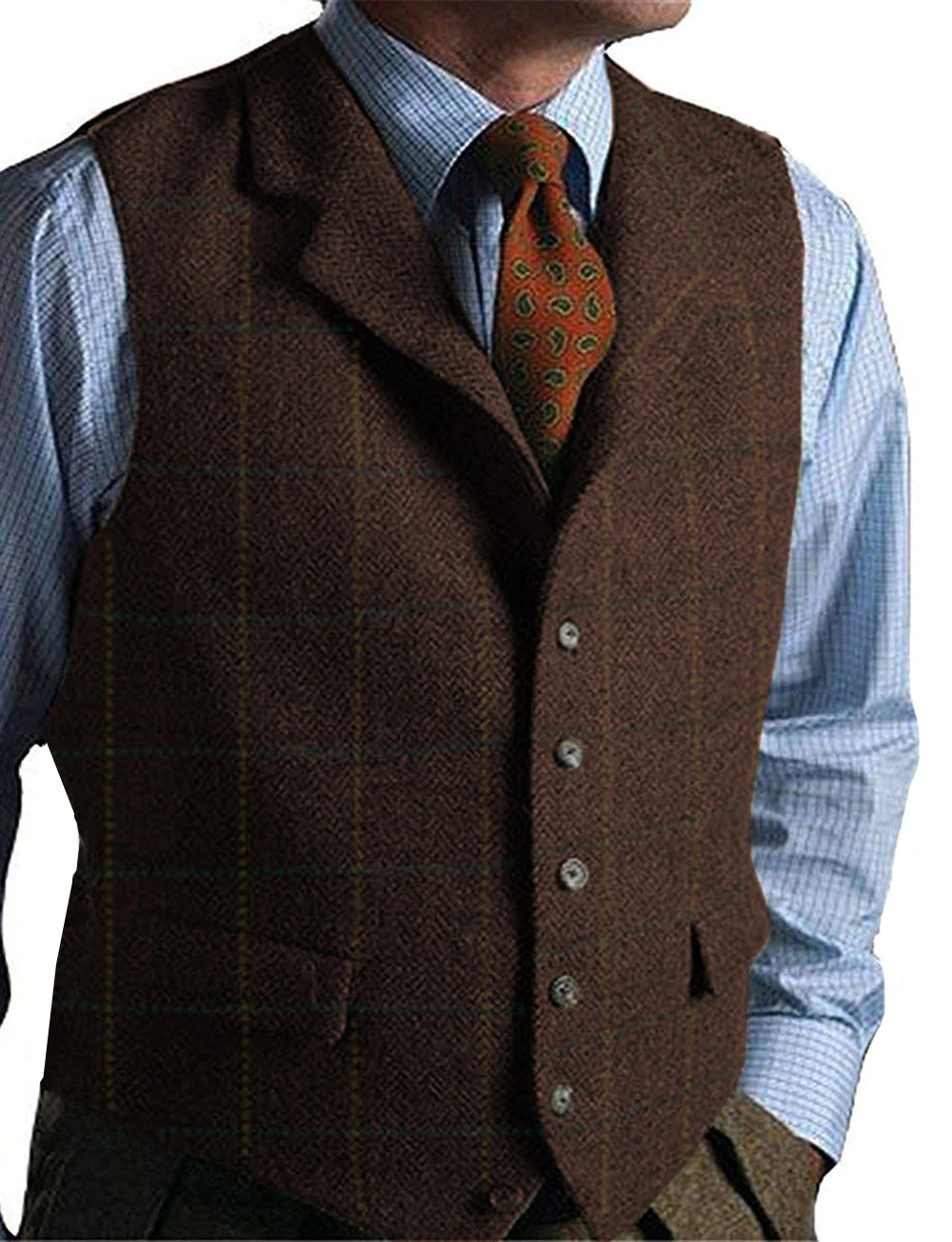 Men's Vest Green Vest Tweed Wool Waistcoat Slim Fit Lapel Plaid Suit Vest Herringbone Tweed Tuxedo Vest 2019 for Wedding Custom