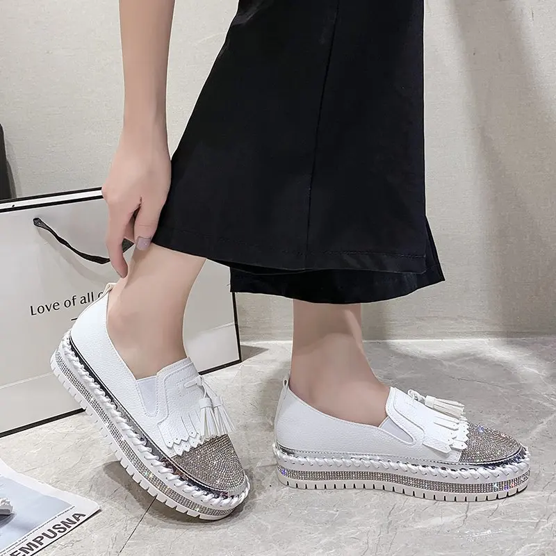 Fringe Women's Luxury Flats Bling Slip-On Crystal Sewing Flat Platform Loafers Shoes Casual Footwear For Lady Big Size 42 43