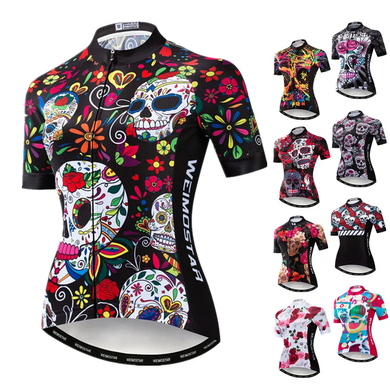 Weimostar 2024 Skull Cycling Jersey Women Short Sleeve Mountain Bicycle Clothing Pro Team mtb Bike Jersey Top Road Cycling Shirt