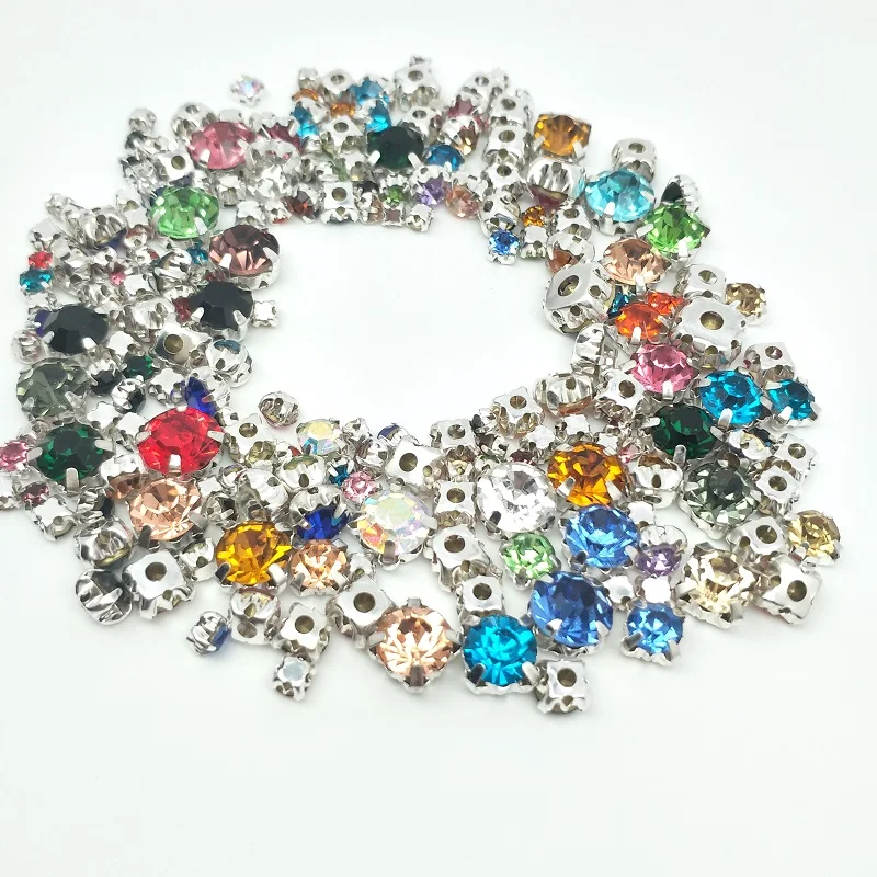 Mix Color Silver Claw Shape Size Crystal Sew-on Round Rhinestones For Needlework DIY Glass Crystals Stones Clothes Wedding Dress