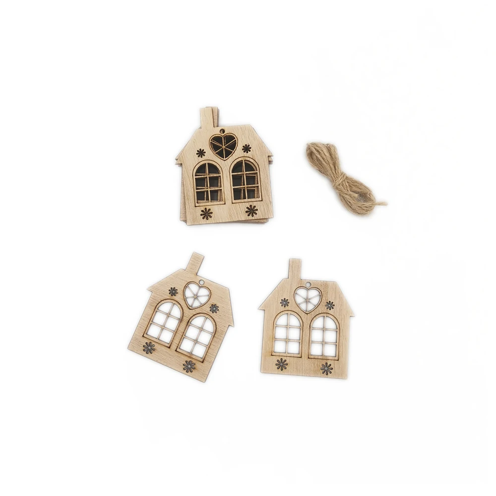 10pcs Wooden Hollow House Cutout Slices Crafts Embellishment for DIY Crafting Christmas Tree Hanging Ornament Decoration Pendant
