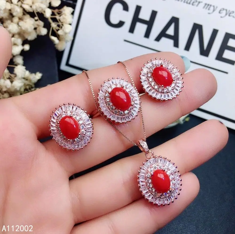 

KJJEAXCMY Fine Jewelry Natural Red Coral 925 Sterling Silver New Women Gemstone Pendant Earrings Ring Set Support Test Trendy