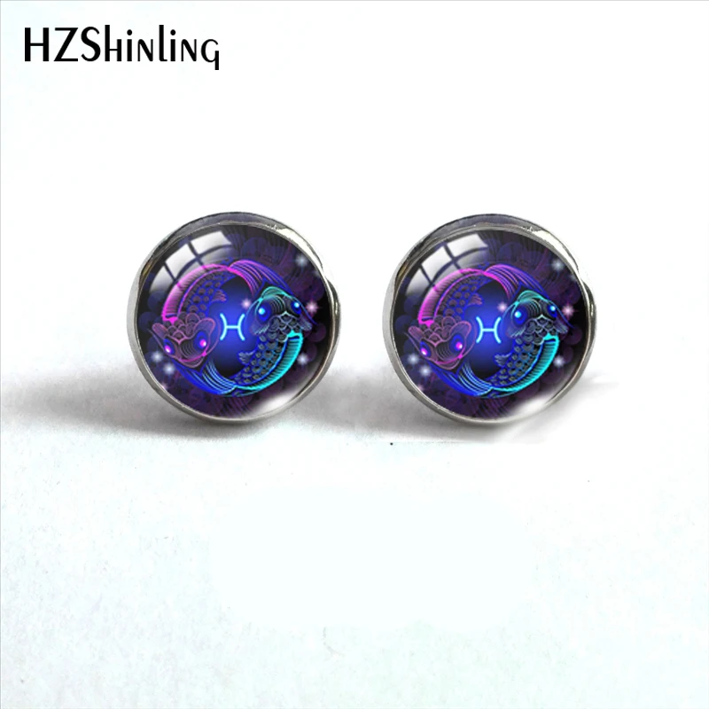 2020 New Zodiac Sign Stud Earring Virgo Gemini Earrings Handmade Round Glass Dome Art Printed Jewelry