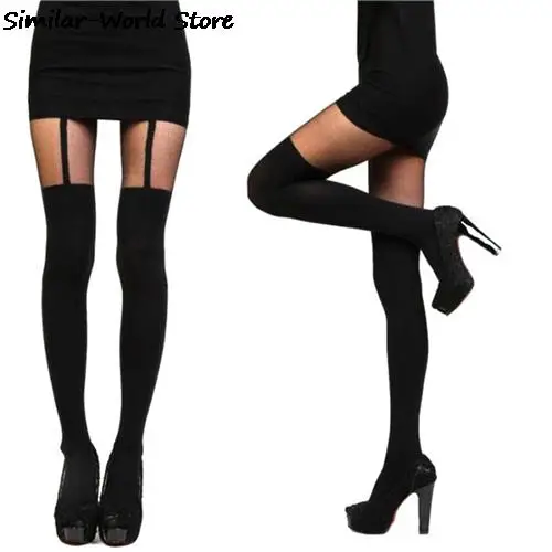 1pair fashion Female Sexy Black Fake Garter Belt Suspender Tights Over The Knee Hosiery Stocking One Size