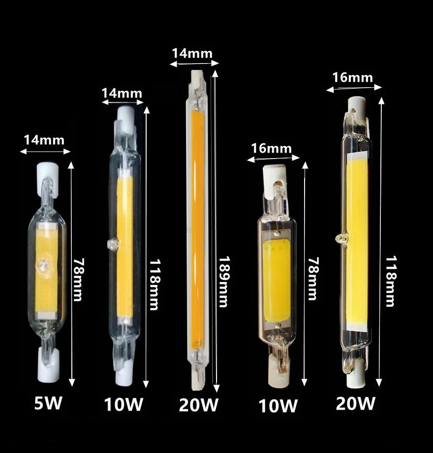 R7S J118 COB LED Bulbs 78mm 10w 118mm 15w 135mm 20w 189mm 110v 220v Warm White Cool White 90-120m per watt Replace Halogen Lamp