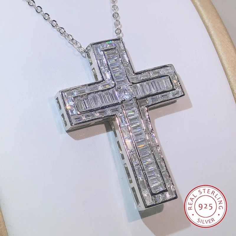 Luxury Jewelry 925 Sterling Silver Cross Pendant Lucky Princess AAAAA+ Cubic Zirconia CZ Party Women Wedding Necklace