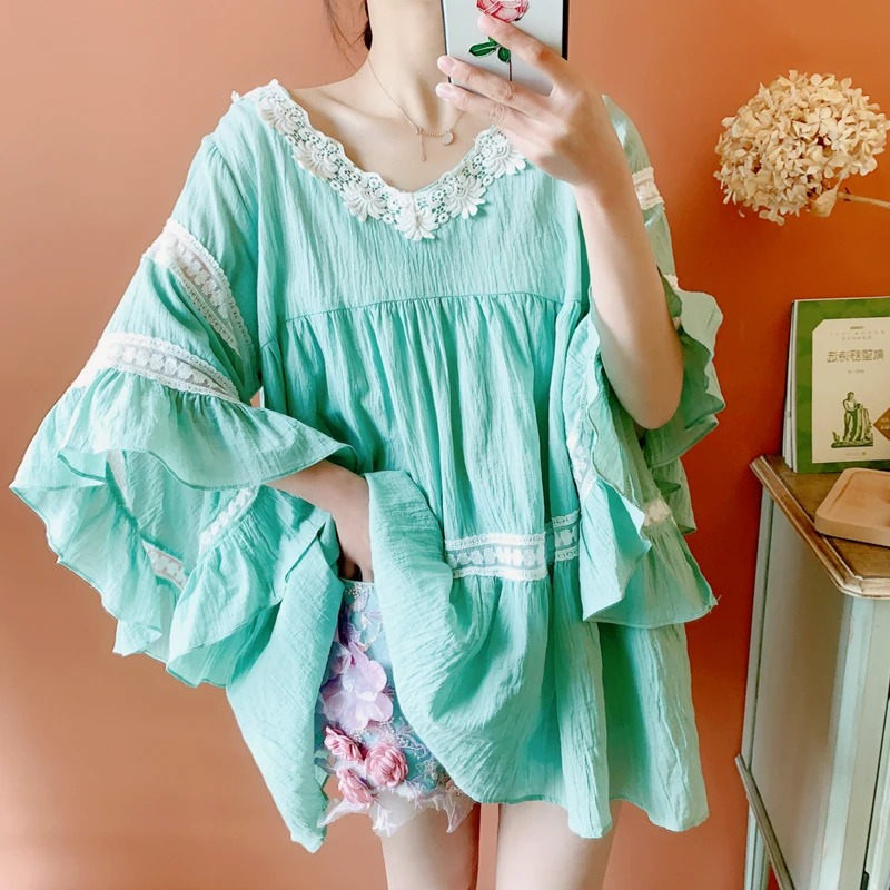 Sommer Frühling Oversize Koreanische Süße Beiläufige Lose Spitze Patchwork Baumwolle Leinen Grün Shirts Tops Frauen blusen