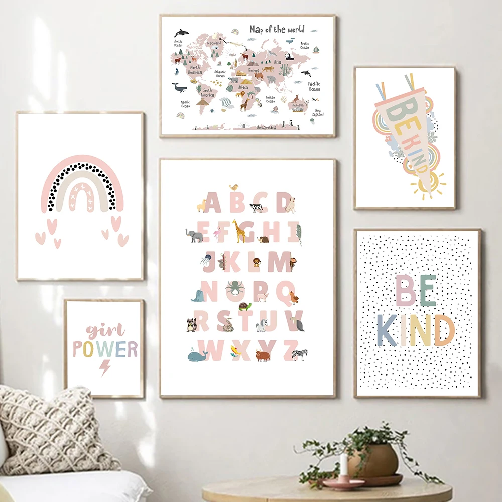 

Animal Map Picture ABC Alphabet Rainbow Poster Nursery Pink Wall Art Canvas Print Painting for Kids Bedroom Playroom Home Decor