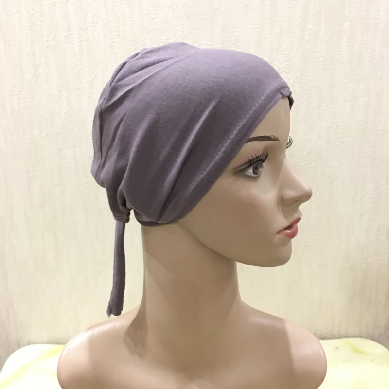 H048 Plain Cotton Tie Back Hats Muslim Turban Pure Color Stretch Inner Hijabs Underscarf Women Head Scarf Under Hijab Bonnet
