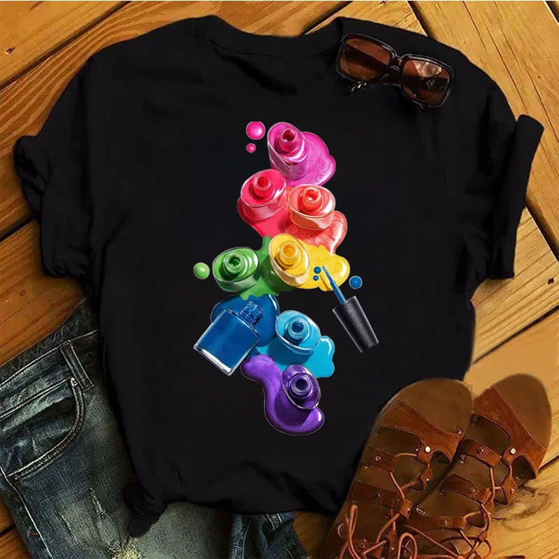 

Colorful Nali Art Black T Shirt Women Clothes 2024 Funny Short Sleeve Tops Tee Shirt Femme Summer Fashion 90s Girls Cute Tshirt