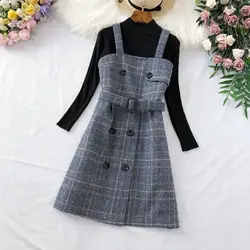 Fashion Autumn Winter Two Piece Set Dress Women Plaid Woolen Spaghetti Strap Dress With Belt Streetwear Knee-Length Sundress