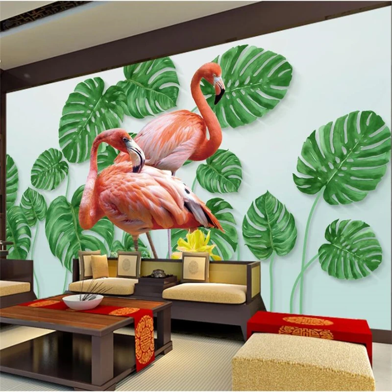 

wellyu Customized large murals fashion home improvement modern minimalist hand painted green leaves flamingo background wall