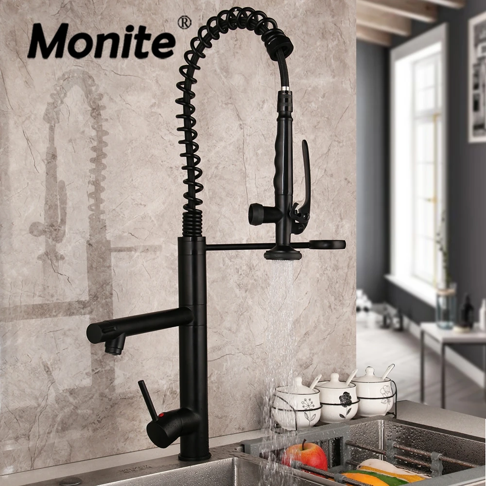 Monite Kitchen Sink Faucet Pull Out & Swivel Spring Spray Outlet Single Handle Control Deck Mounted Hot Cold Water Mixer Taps