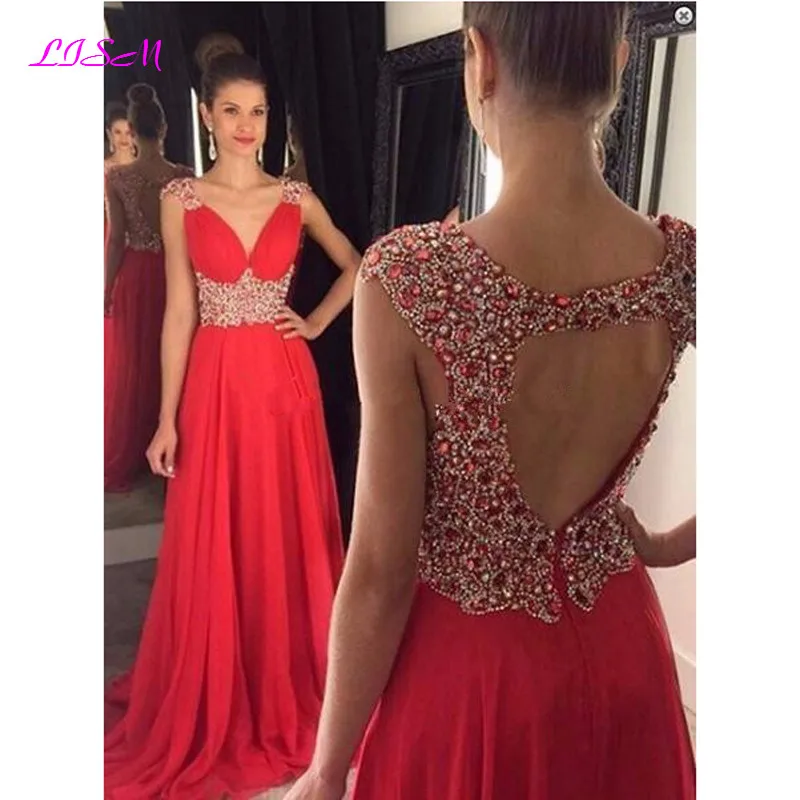 V-Neck Long Prom Dresses Sleeveless Open Back Sweep Train Chiffon Evening Dress A-Line Crystals Formal Party Gowns