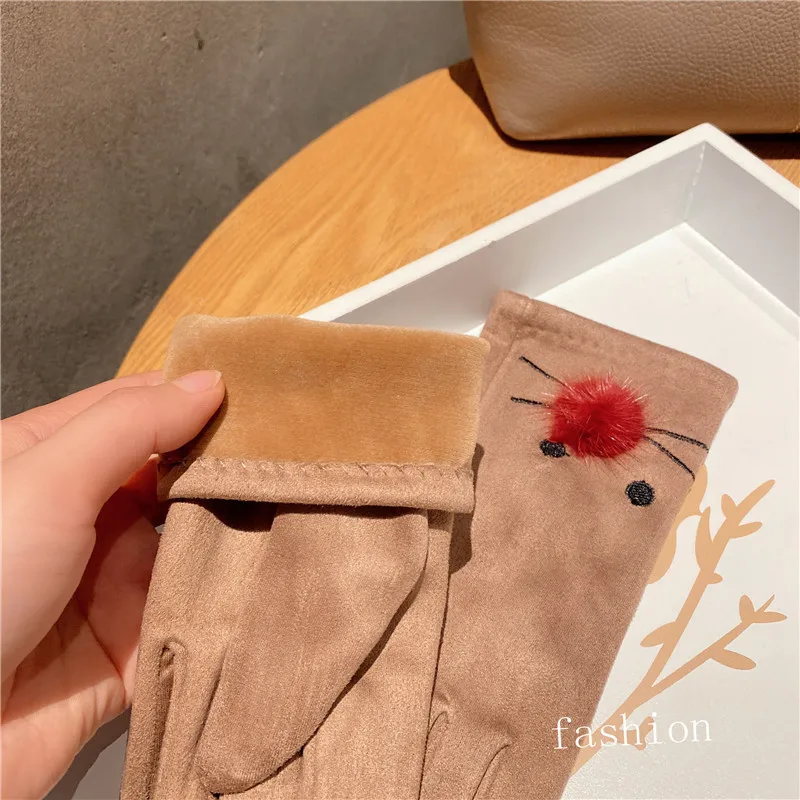 Women Winter Suede Fabric Thin Fleece Touch Screen Keep Warm Cute Lovely Cartoon Cat Embroidery Gloves Cycling Drive Mittens