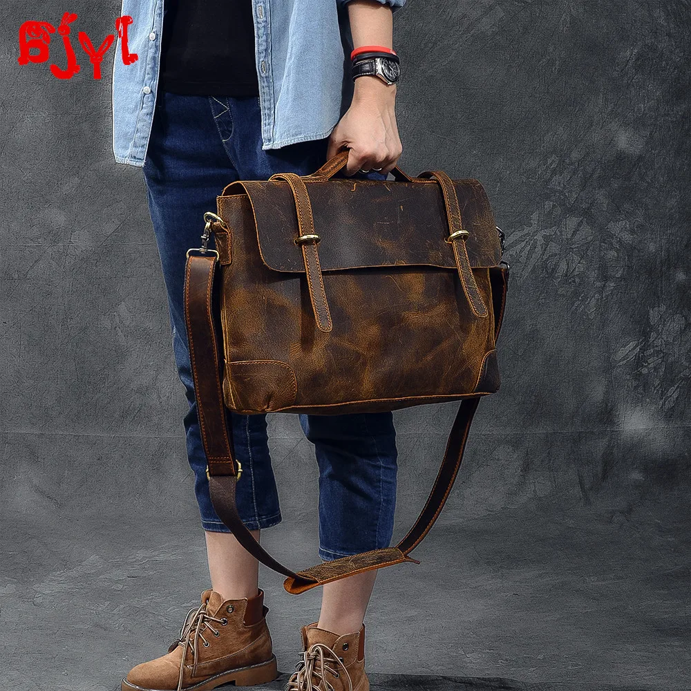 Imported leather retro men's handbag leather male laptop bag briefcase classic crazy horse leather men shoulder Messenger bags