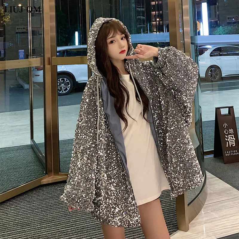 2022 Winter Jacket Women New Korean Style Hooded Sequins Padded Coat Women Loose Add Cotton To Thicken Female Jacket