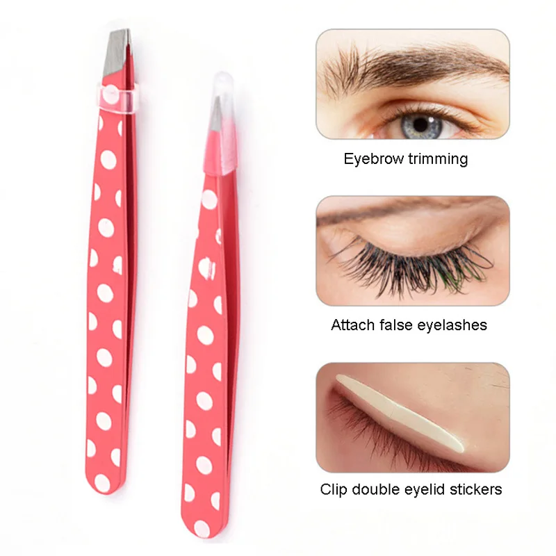 2Pcs Eyebrow Tweezer Hair Beauty Slanted Puller Stainless Steel Eye Brow Clips Pink Dots Tweezer Slant Flat Tip Eye Makeup Tools