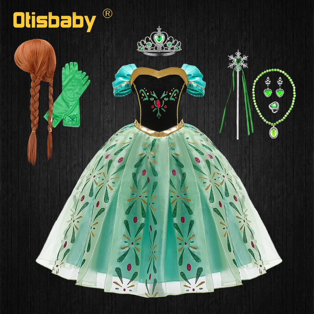 

Anna Dress for Girls Halloween Cosplay Costume Snow Queen Princess Kids Clothing Children Birthday Carnival Fancy Disguise Wig