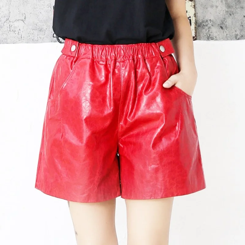 

Leather Genuine Womens Casual Loose Wide Leg Shorts Elastic Waist Sheepskin A-Line Shorts High Pockets Button Waist Shorts