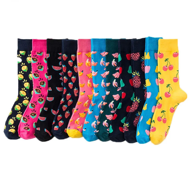 Qisin 1Pairs Women Socks Funny Cute Cartoon Fruits Banana Avocado Lemon Pineapple Happy Japanese Harajuku Gifts Skateboard Socks