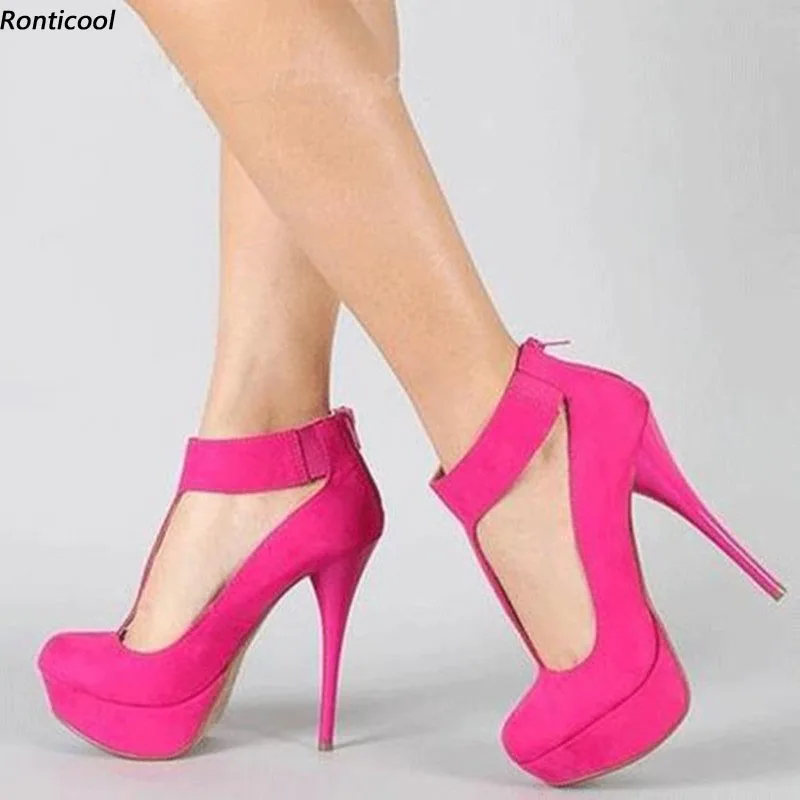 

Ronticool Handmade Women Pumps T-Strap Style Stiletto HeelS Round Toe Pretty Fuchsia Black Party Shoes Women US Plus Size 5-20